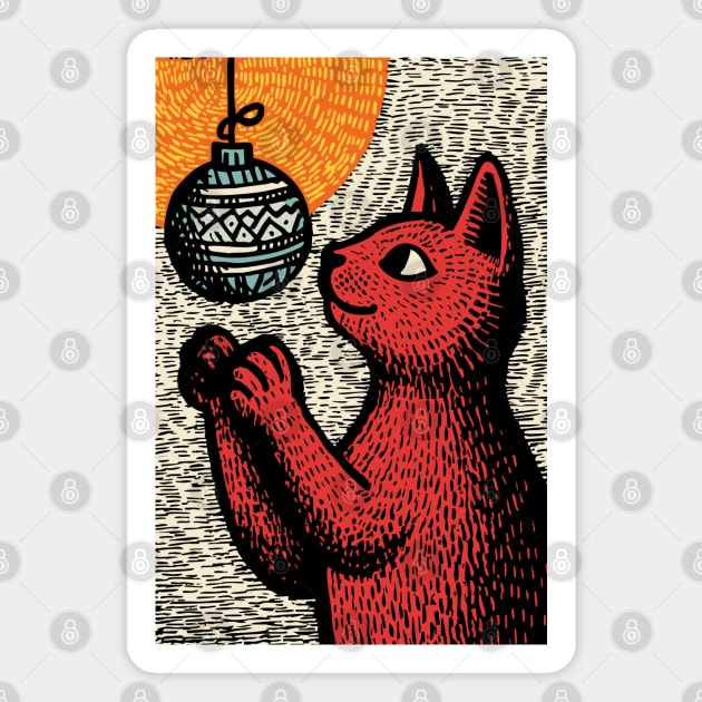 Mischievous Christmas Cat | Holiday Ornament Trouble Magnet by TuncGK